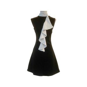 Venus Sleeveless Mock Neck Draped Ruffle Front Black-White Flare Dress Size L